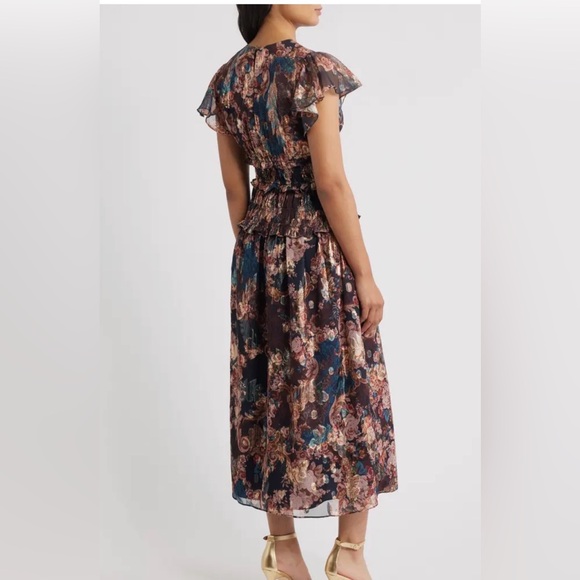 Eliza J. Women's Blue Metallic Floral Flutter Sleeve Midi Dress Size 2 - Picture 2 of 8